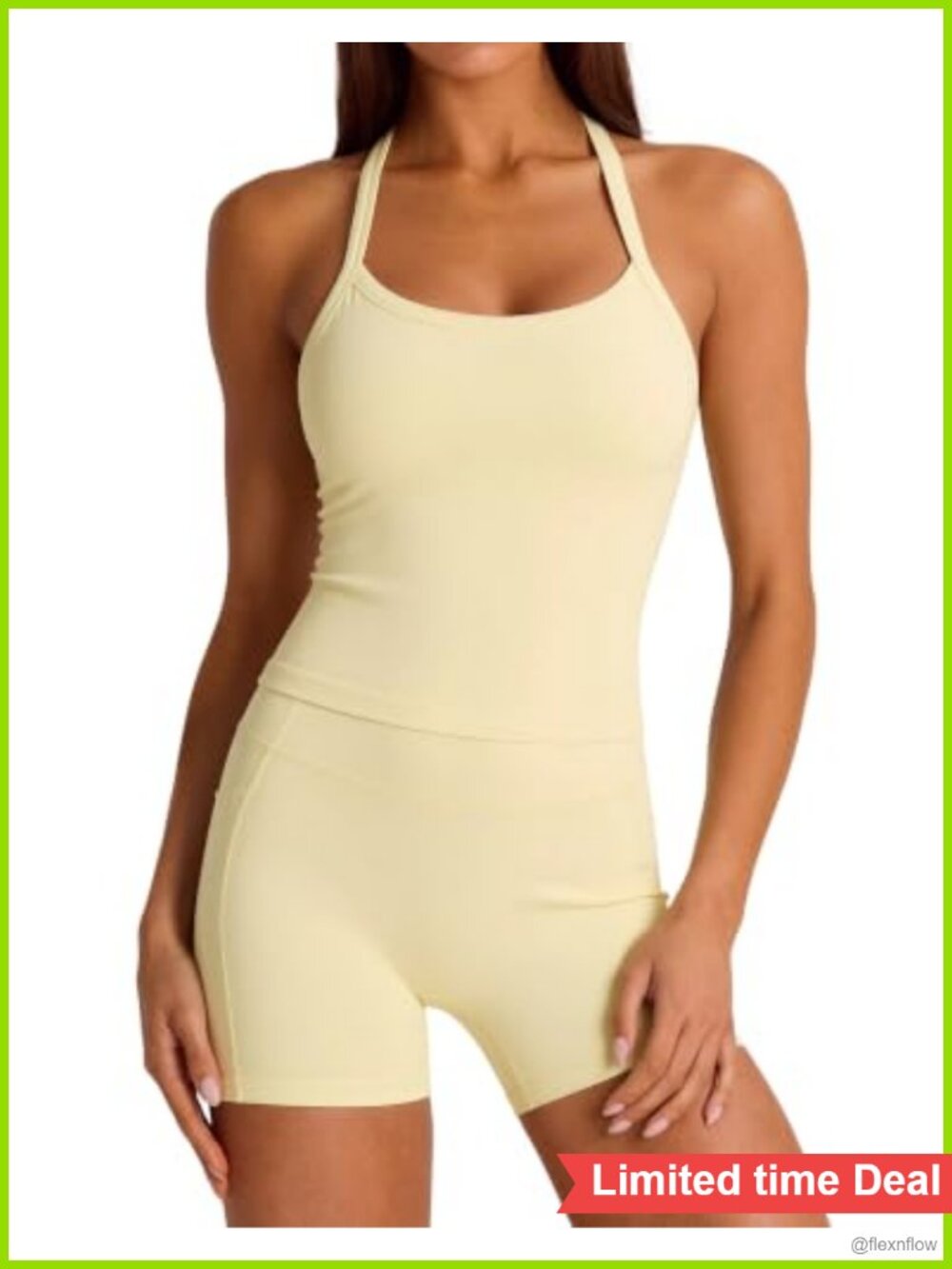 High Waisted Biker Shorts with Pockets Built in Bra Tank Top 2 Piece Set